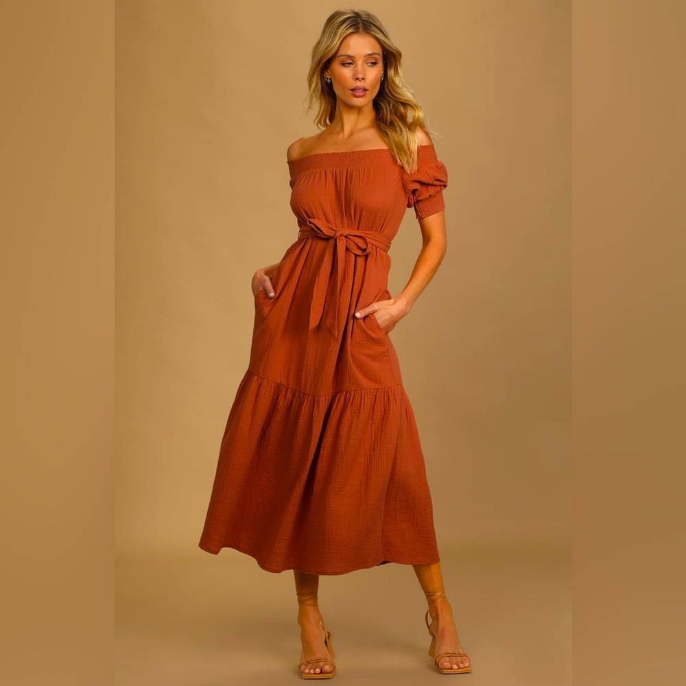 NWT LULU’S Ready for Sunshine Rust Orange Off-the-Shoulder Maxi Dress S